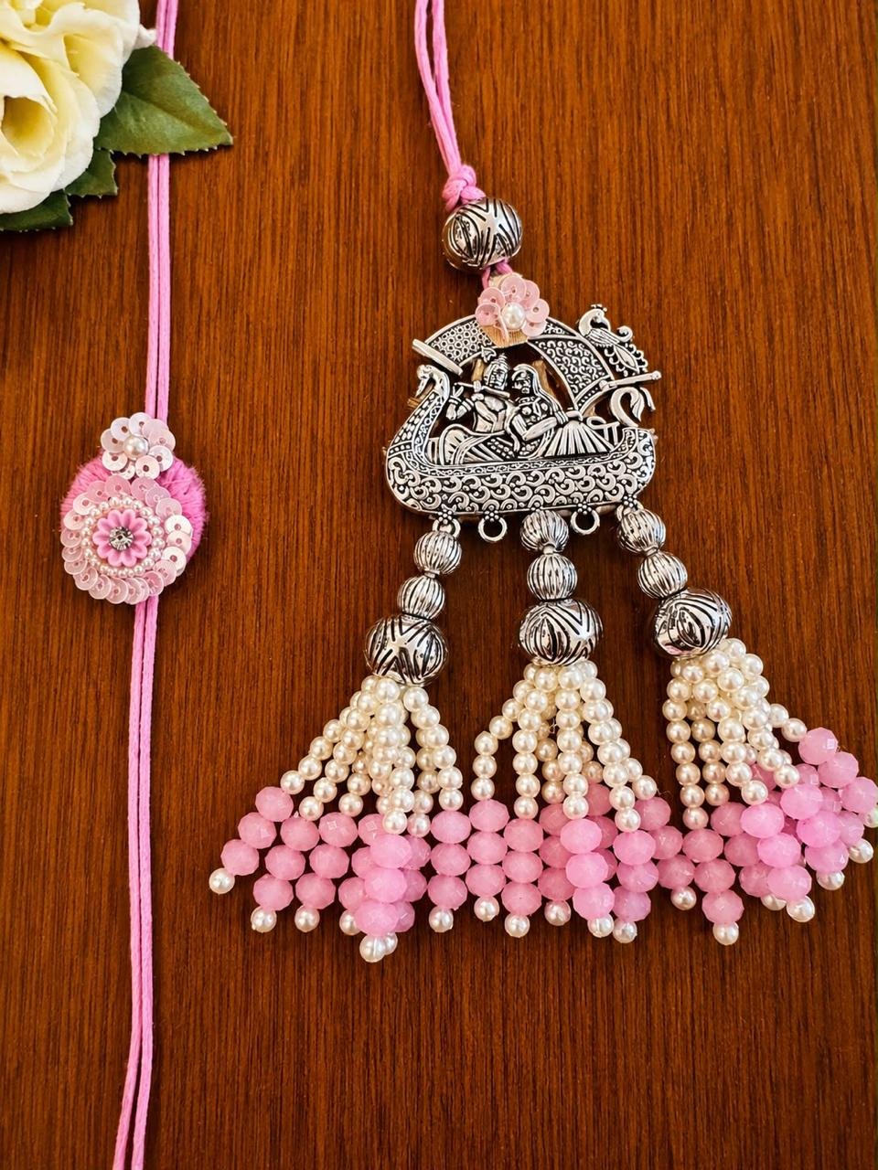 Radha Krishna Metallic Rakhi Set