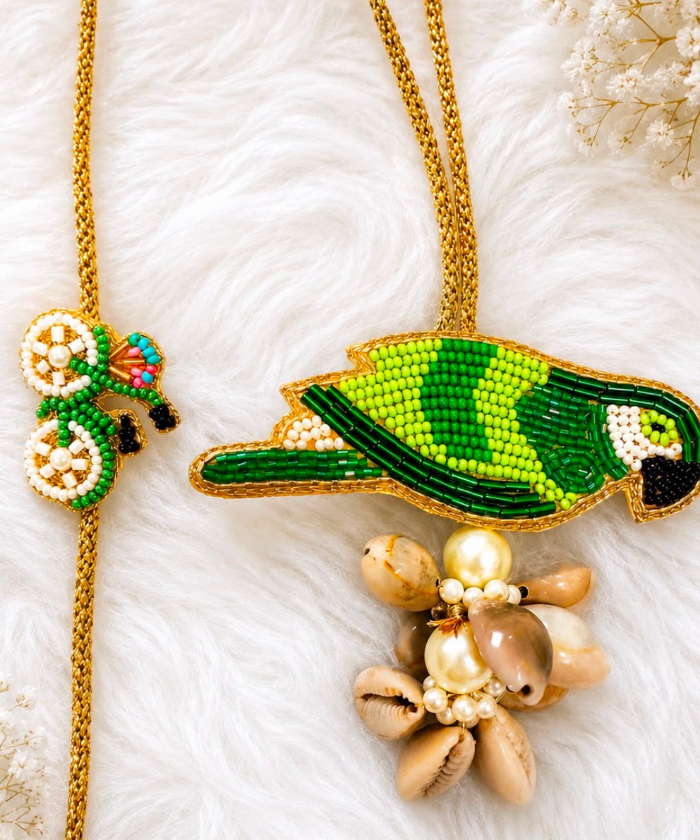 Green beaded Parrot Couple Rakhi Set