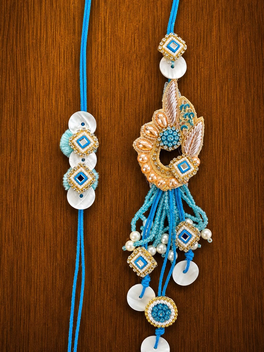 Mother Of Pearl Blue Couple Rakhi Set