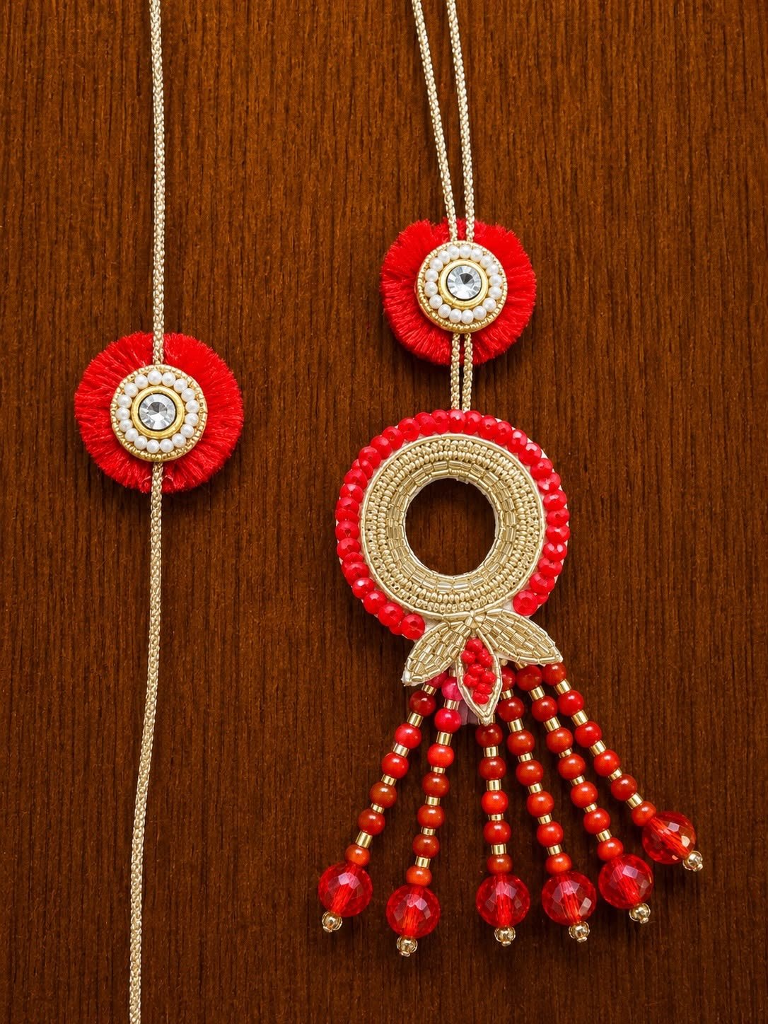 Red Beaded Couple Rakhi Set